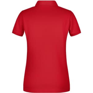 A red ladies' basic polo shirt featuring a collar and short sleeves, with a logo on the back.
