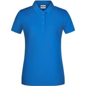 A blue ladies' polo shirt with a classic collar and button placket, featuring a logo.