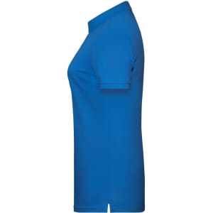 A blue ladies' basic polo shirt with a structured collar and short sleeves, featuring a logo.