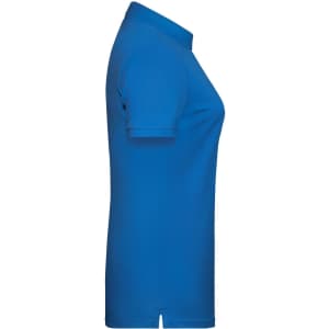 A blue ladies' polo shirt displayed from the side, featuring a collar and short sleeves, with a logo present.