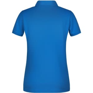 A blue ladies' polo shirt featuring a classic design and a back view with a collar. It has a logo on the side.