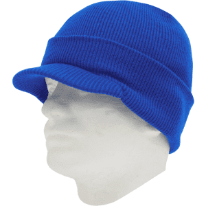 A blue knitted bucket hat displayed on a white mannequin head.