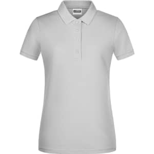 A grey ladies basic polo shirt with a collar and button placket, featuring a logo.