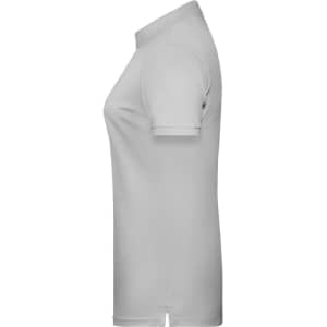 A grey ladies' polo shirt shown from the side, featuring a collar and short sleeves. It has a logo on the front.