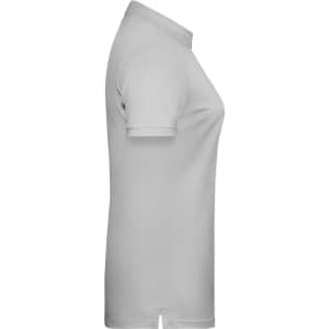 A light grey ladies polo shirt displayed from the side, featuring a classic collar and short sleeves. It has a logo.