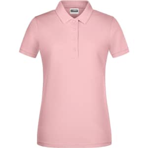 A ladies' basic polo shirt in pink with a collar and button placket, featuring a branding logo.