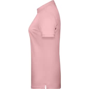A pink ladies basic polo shirt displayed from the side, featuring a logo on the chest.