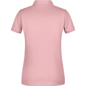 A pink ladies basic polo shirt featuring a collar and short sleeves, with a logo on the back.