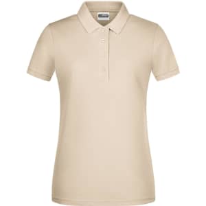 A beige ladies' basic polo shirt featuring a classic collar and button placket, with a logo on the chest.