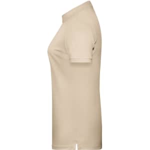 A tan ladies' basic polo shirt featuring short sleeves and a classic fit, with a logo on the front.