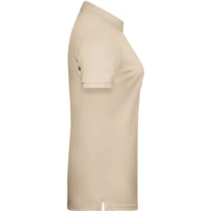 A beige ladies' polo shirt featuring a classic collar and short sleeves, displayed from a side perspective.