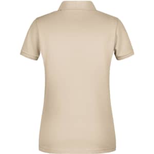 A beige ladies' basic polo shirt with a short sleeve and a collar, featuring a logo on the back.