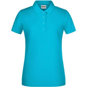 A turquoise ladies basic polo shirt featuring a classic collar and buttons, with a logo present.