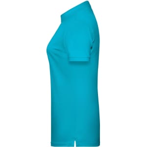 A turquoise ladies basic polo shirt with a classic collar and short sleeves, featuring a logo.