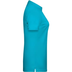 A side view of a ladies' basic polo shirt in vibrant turquoise, featuring short sleeves and a collar.