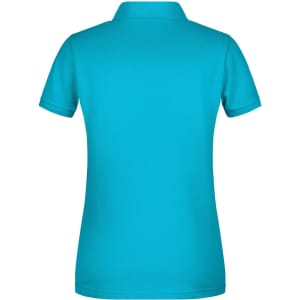 A turquoise ladies' polo shirt featuring a collar and short sleeves, with a logo on the back.