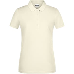 A light cream ladies' basic polo shirt with a collar and three buttons, featuring a logo.