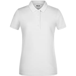 A white ladies’ basic polo shirt featuring a collar and button placket, with a small logo on the chest.