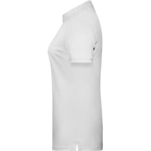 A white ladies basic polo shirt with short sleeves and a collar, featuring a logo on the chest.