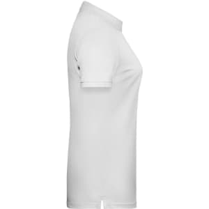 A white ladies polo shirt displayed from the side, featuring short sleeves and a collar, with a logo on the front.