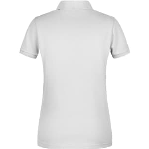 A plain white ladies polo shirt featuring a collar and short sleeves, with a branding logo on the back.