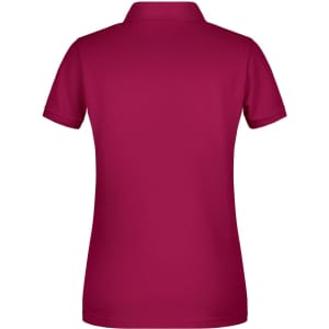 A ladies basic polo shirt in a vibrant burgundy colour, featuring a classic collar and a back view.