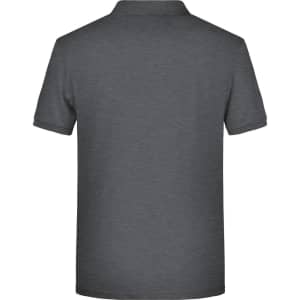 A grey men's basic polo shirt with a classic collar and short sleeves, featuring a logo on the back.