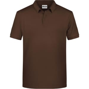 A brown men's basic polo shirt with a classic collar and short sleeves, featuring a logo on the chest.