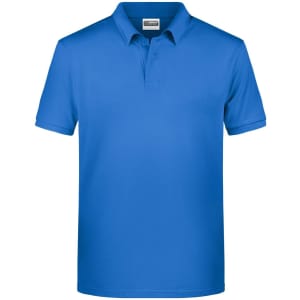 A blue men's basic polo shirt featuring a collar and short sleeves, with a logo on the chest.