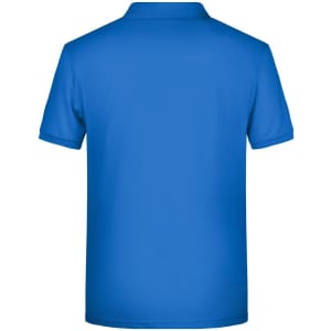 A blue men's basic polo shirt, featuring a solid design and a collar, with a branding logo on the back.