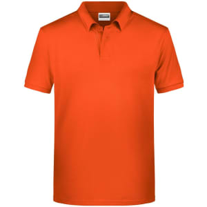 An orange men's basic polo shirt with a classic collar and short sleeves. Features a branding logo.