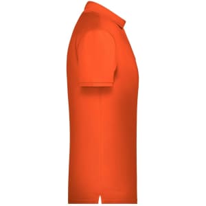 An orange men's basic polo shirt displayed from a side view, featuring a collar and short sleeves.