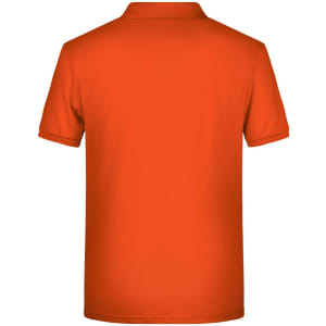 An orange polo shirt featuring a collar and short sleeves, with a logo on the upper back.