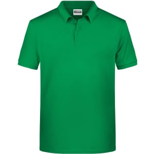 A green polo shirt with a classic collar and short sleeves. Includes a branding logo.