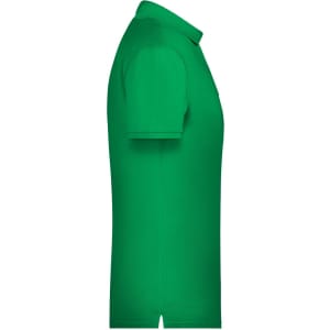 A green men's basic polo shirt, featuring a collared design and a side view showcasing its shape.