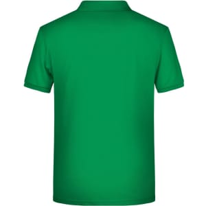 A green men's basic polo shirt featuring a classic design and a collar, with a logo on the back.
