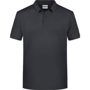 A plain black men's polo shirt featuring a collar and short sleeves, with a logo on the chest.