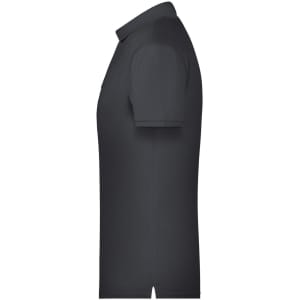 A men's basic polo shirt in black, featuring a collar and short sleeves, with a logo on the chest.