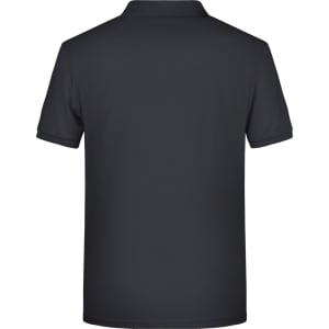A back view of a men's basic polo shirt in black, featuring a simple design and a logo.