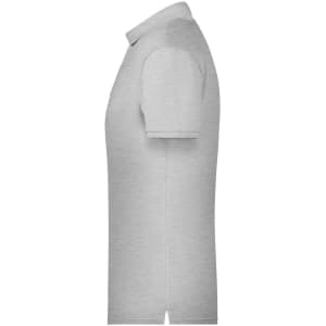 A grey men's basic polo shirt with short sleeves, featuring a collar and a side view. It has a logo on it.