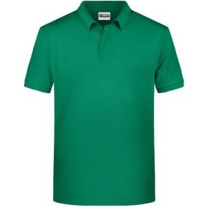 A green men's basic polo shirt with a classic collar and short sleeves, featuring a label.
