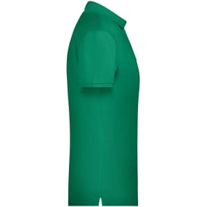A green men's basic polo shirt with a collar and side slits, featuring a logo.