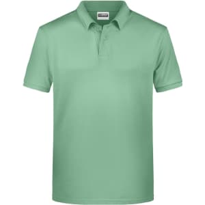 A light green men's polo shirt featuring a collar and short sleeves, with a brand logo.