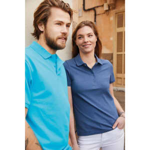 A blue men's polo shirt paired with a blue women's polo shirt, both featuring logos, worn outdoors.