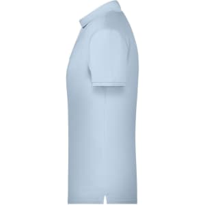 A light blue men's basic polo shirt displayed from the side, featuring a collar and short sleeves.