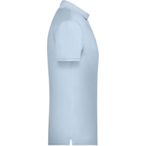 A light blue men's basic polo shirt displayed from the side, featuring a collar and short sleeves. It has a logo.