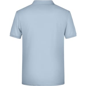 A light blue men's basic polo shirt featuring a back view and a collar. The shirt has a logo.