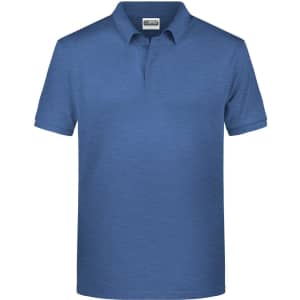 A blue men's polo shirt with a classic collar and short sleeves, featuring a logo on the chest.