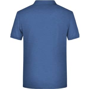 A blue men's basic polo shirt with a classic collar and short sleeves, featuring a logo on the back.