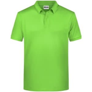 A bright green men's basic polo shirt with a classic collar and short sleeves. It features a logo.